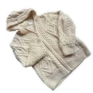 HandKnit Fisherman Cable Knit Wool Hoodied Zip Cardigan Sweater White M / OS
